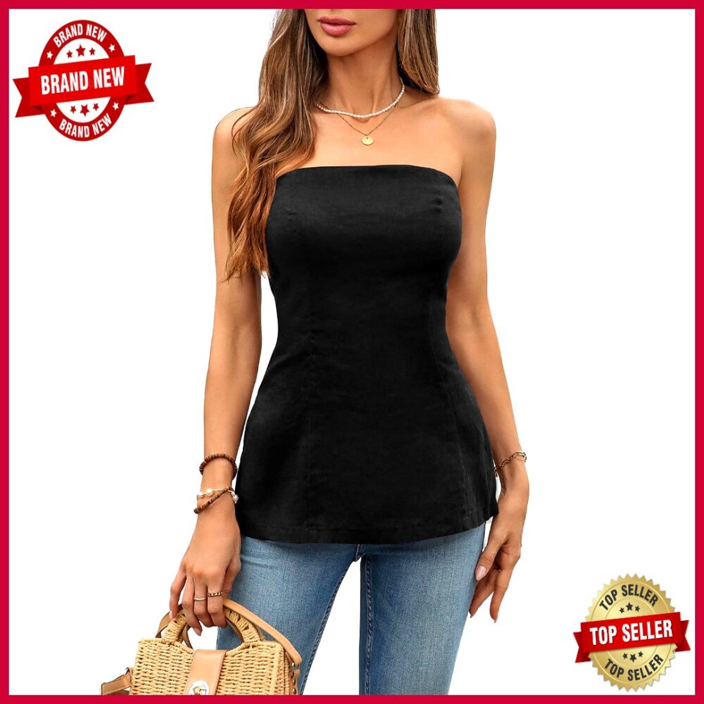 100% Linen Strapless Tube Top Slim Fit Slit Hem Summer Tank